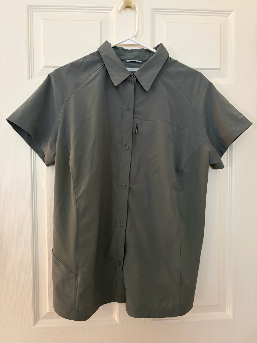 Columbia Women's Short-Sleeve Button-Down Shirt in grayish green color